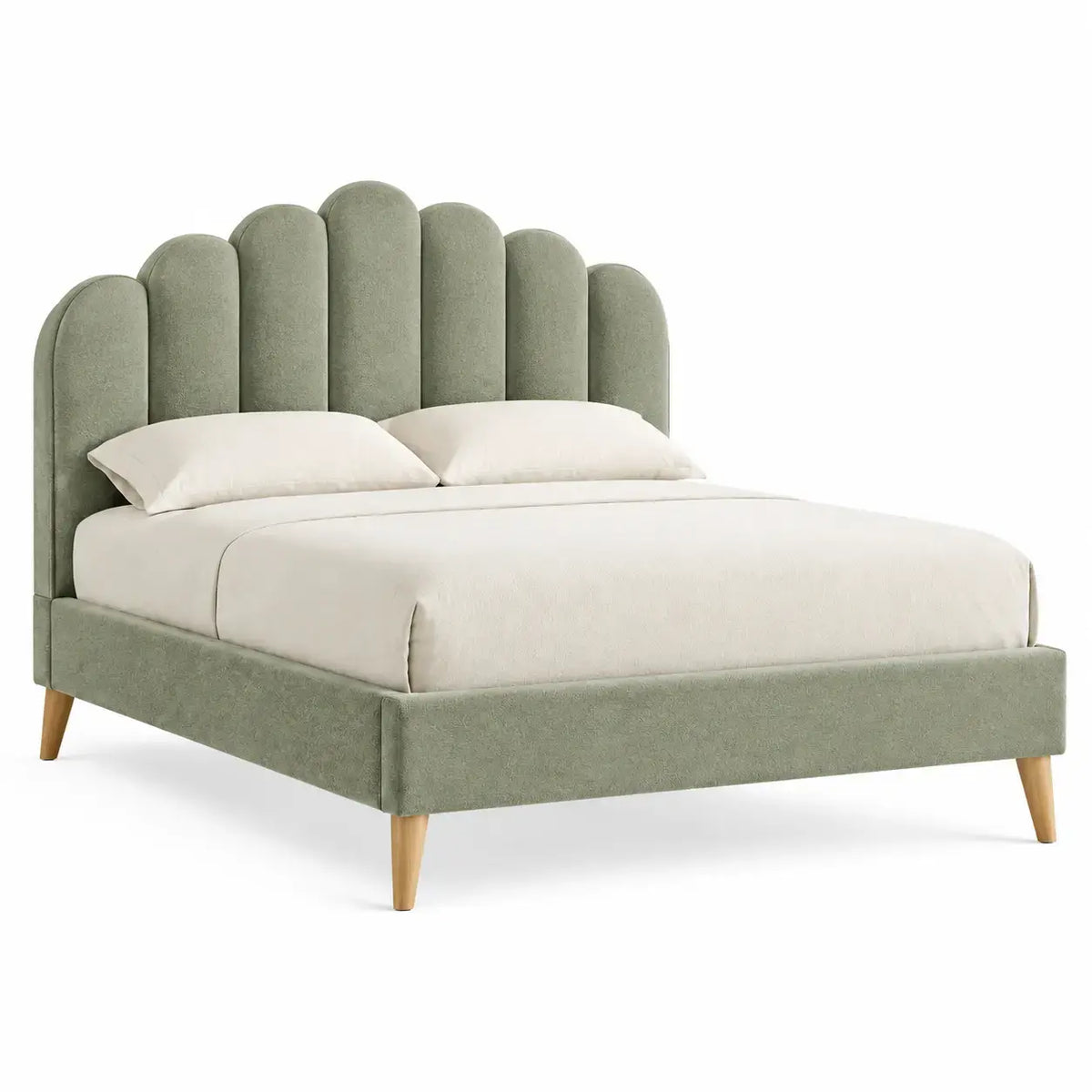 Green bed frame with vertical stitched headboard from FriezeandFrame, designed for bedrooms and bedroom furniture.