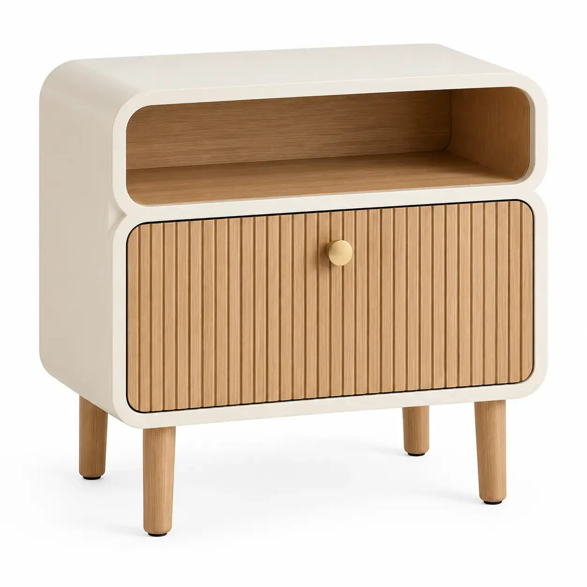 White and brown support side table with slatted details, modern design, from FriezeandFrame.