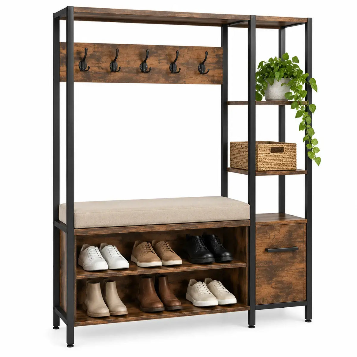 Entrance console with storage and bench in brown and black by friezeandframe, featuring sleek modern design and functional storage.