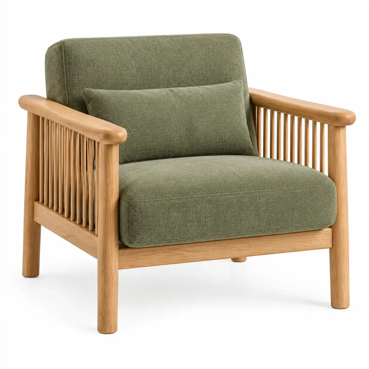 Friezeandframe green and brown rattan armchair with slatted design, perfect for modern living spaces, shown from a front view.