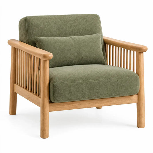 Friezeandframe green and brown rattan armchair with slatted design, perfect for modern living spaces, shown from a front view.
