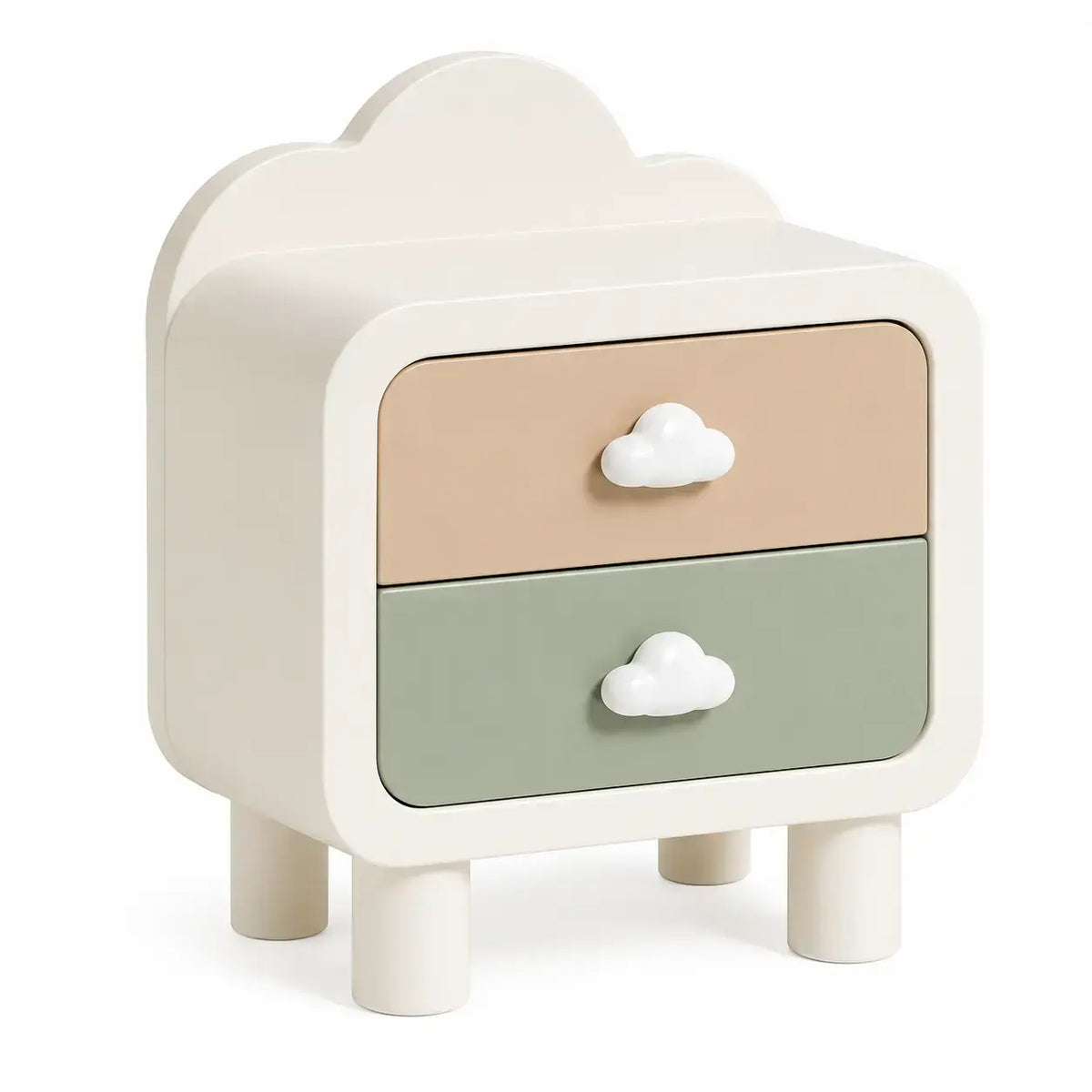 White, pink, and green cloud motif accent table by friezeandframe, featuring a compact round design perfect for small spaces.
