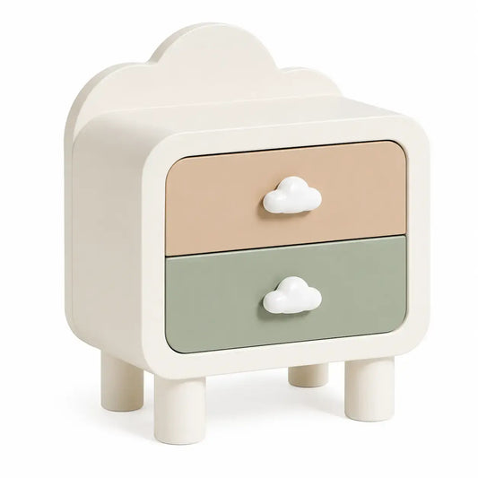 White, pink, and green cloud motif accent table by friezeandframe, featuring a compact round design perfect for small spaces.