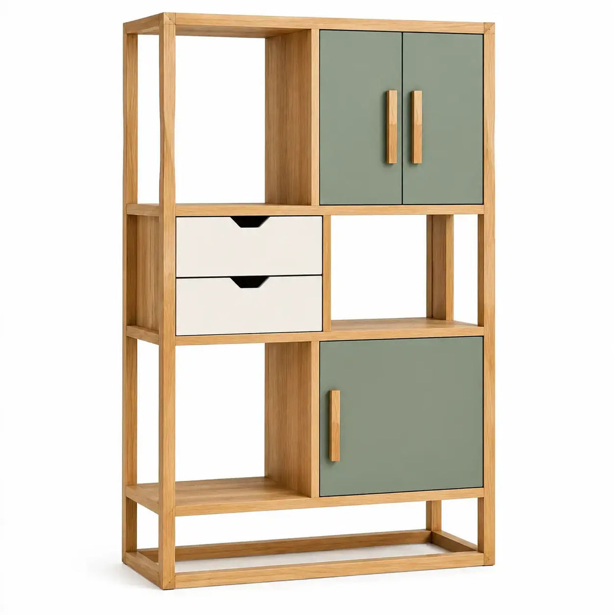 Colorful asymmetrical bookshelf with green, white, and brown compartments by friezeandframe, perfect for modern interior decor.