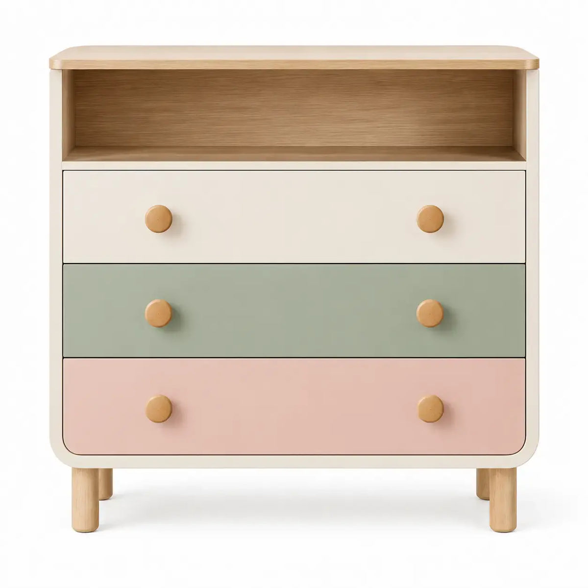 Friezeandframe white, green, pink, and brown dresser with multiple drawers and modern design, ideal for bedroom storage.