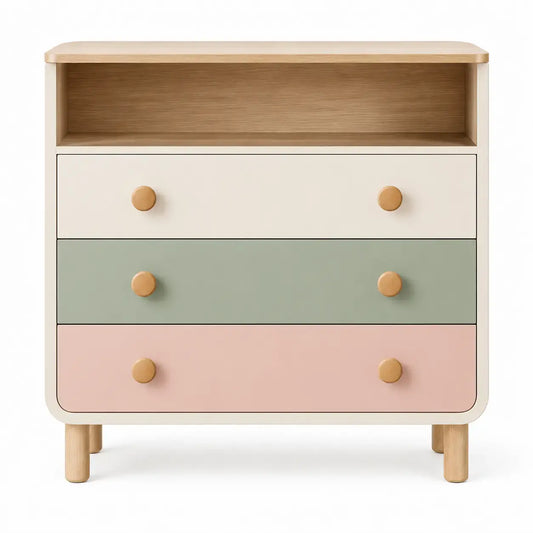 Friezeandframe white, green, pink, and brown dresser with multiple drawers and modern design, ideal for bedroom storage.