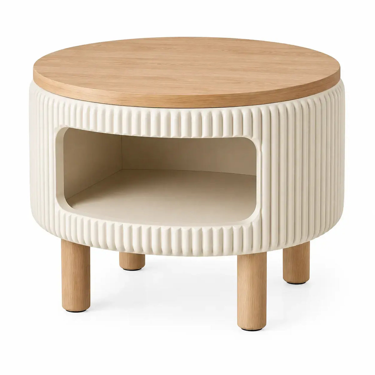 Round accent table in white and brown with a sleek finish, perfect for living rooms or bedrooms.