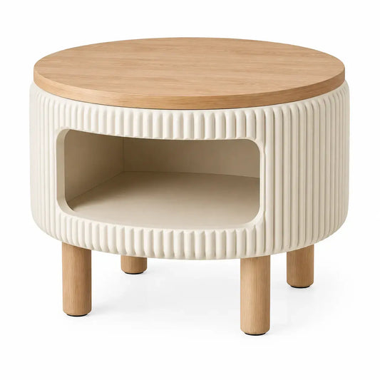 Round accent table in white and brown with a sleek finish, perfect for living rooms or bedrooms.
