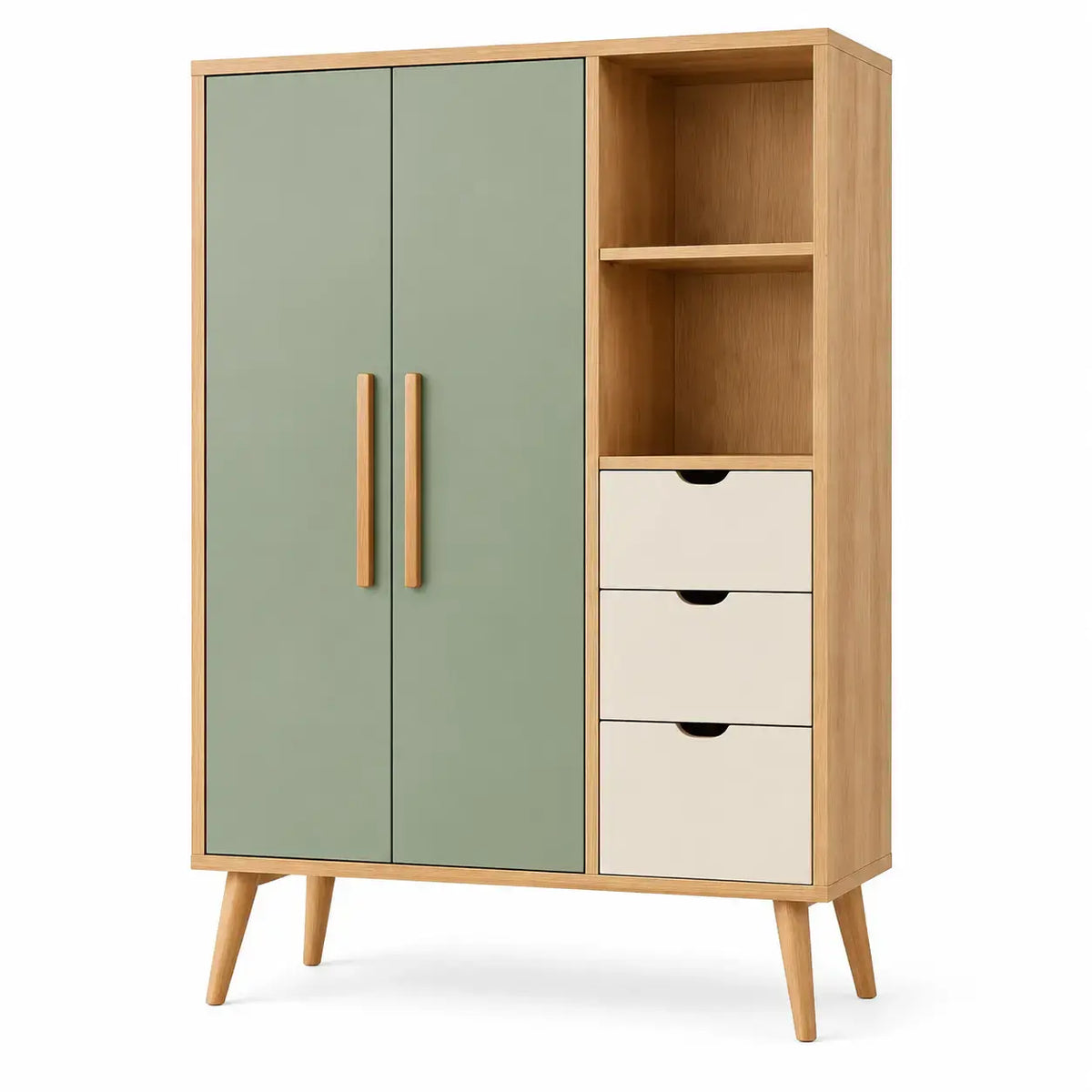 Friezeandframe wardrobe with drawers in green, white, and brown, featuring a modern design and multiple storage compartments.
