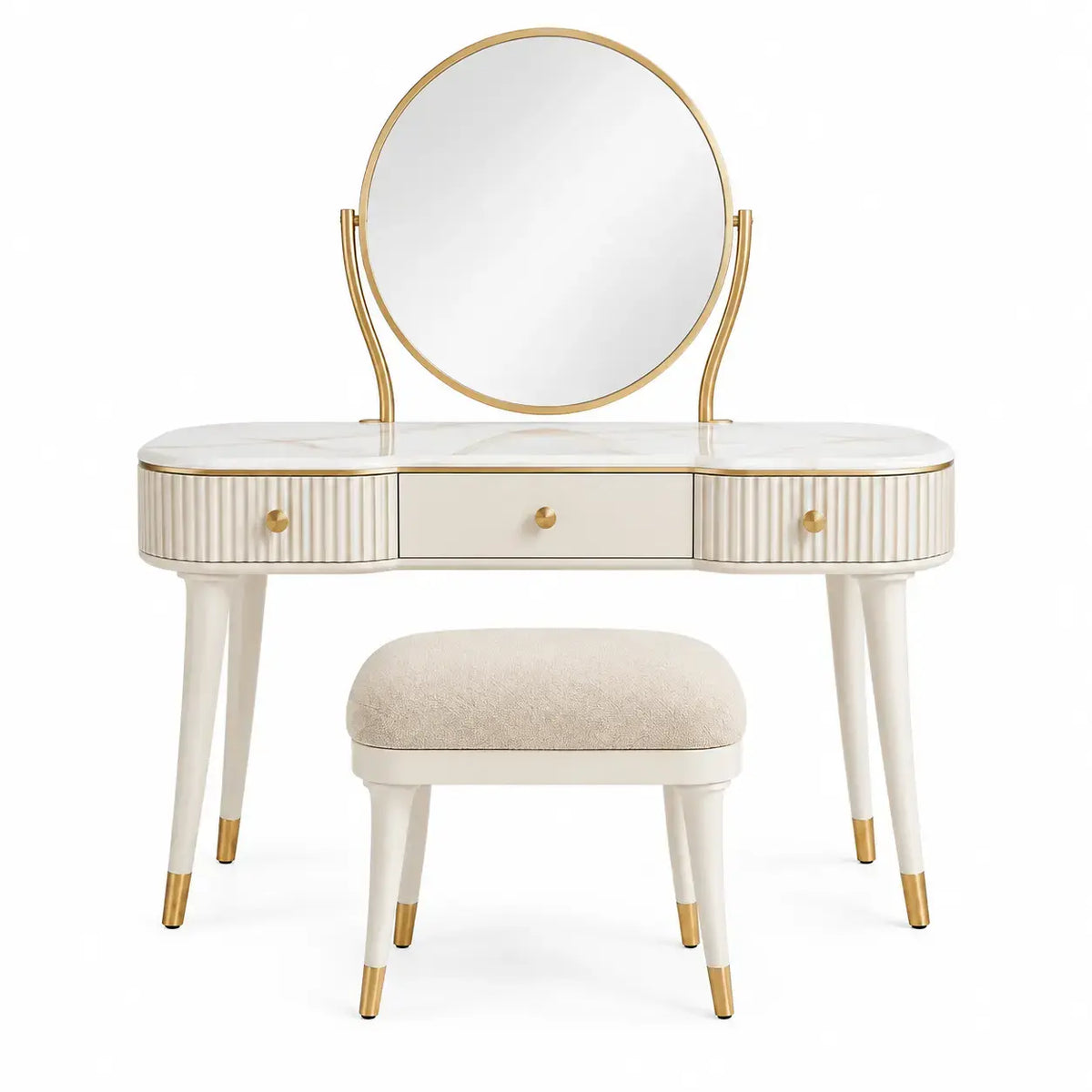 White bedroom vanity with round mirror from friezeandframe, featuring a sleek design and a spacious tabletop.