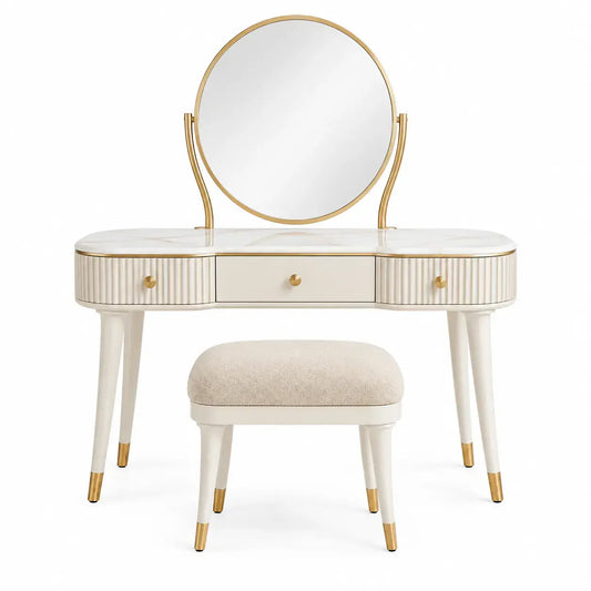 White bedroom vanity with round mirror from friezeandframe, featuring a sleek design and a spacious tabletop.