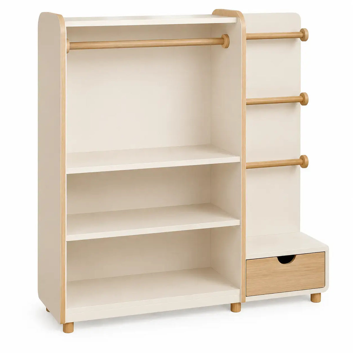 Beige storage shelf with drawers from FriezeandFrame, featuring a modern design and multiple compartments for organization.