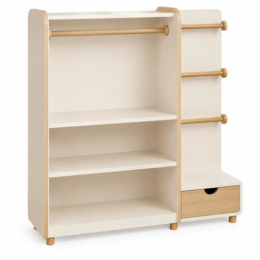 Beige storage shelf with drawers from FriezeandFrame, featuring a modern design and multiple compartments for organization.