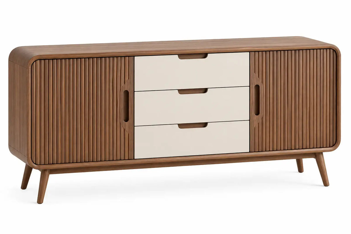 Wooden TV stand with drawers in brown and white, modern design from Frieze & Frame, perfect for living room storage.