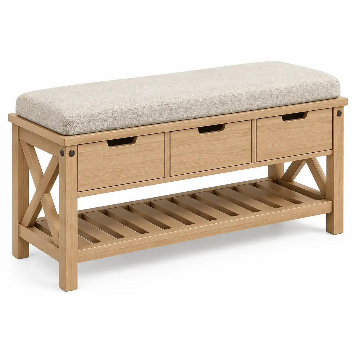 Beige and brown upholstered storage bench with shelves from FriezeandFrame, ideal for entryway decor and seating.