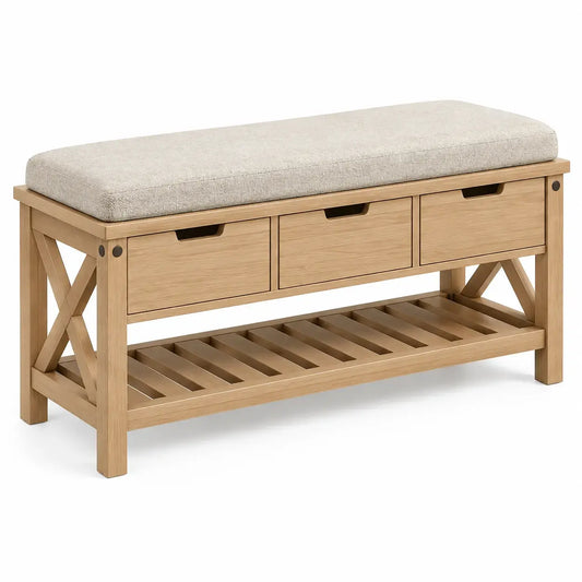 Beige and brown upholstered storage bench with shelves from FriezeandFrame, ideal for entryway decor and seating.