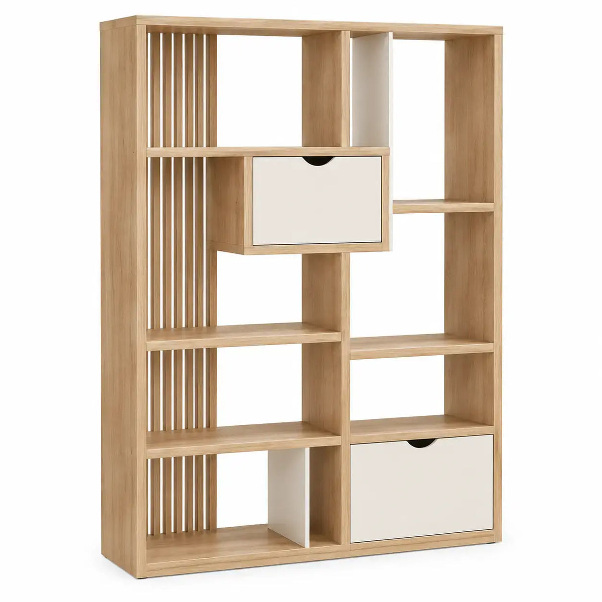 White and brown asymmetric storage shelf with compartments, modern FriezeandFrame estante for organized home decor.