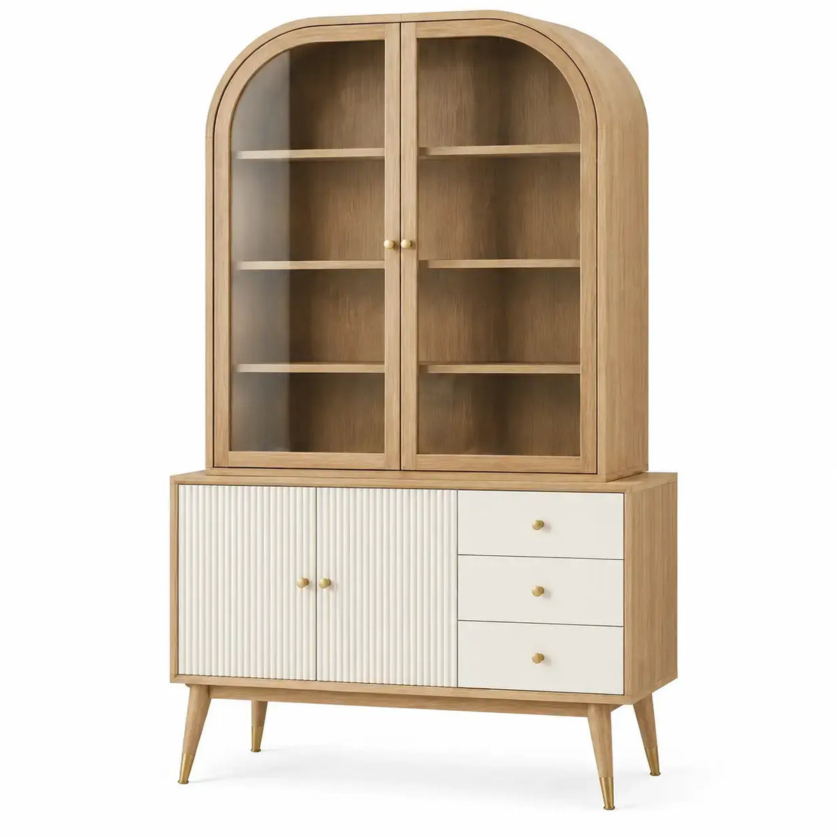 White and brown cristaleira with arched glass shelves and decorative elements, perfect for displaying glassware and collectibles.