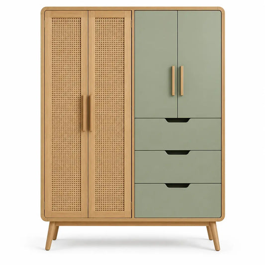 Friezeandframe wooden wardrobe with entwined detail in green and brown finish, showcasing elegant design and craftsmanship.