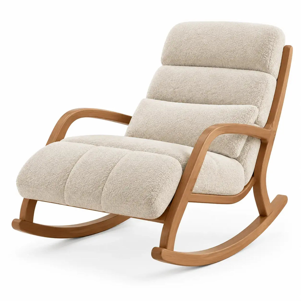 Beige and brown cushioned rocking chair with padded seat and backrest, ideal for comfortable relaxation in living spaces.