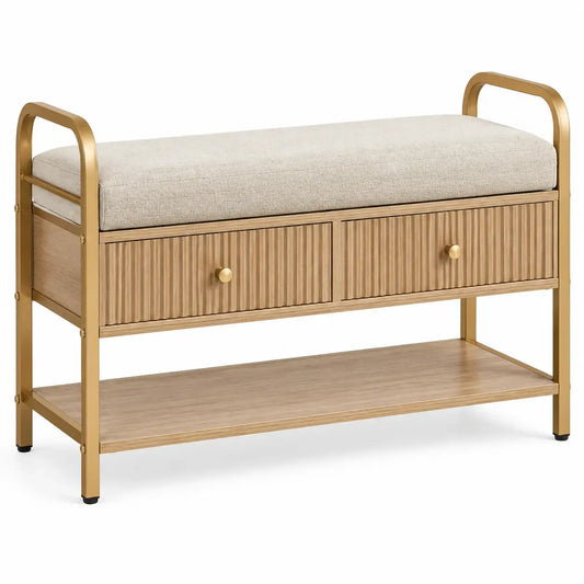 Beige and brown upholstered storage bench with drawers, ideal for entryway seating and organization by FriezeandFrame.