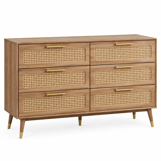 Wooden dresser with woven detail in a rich brown finish, stylish and functional storage piece from Frieze and Frame.