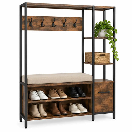 Entrance console with storage and bench in brown and black by friezeandframe, featuring sleek modern design and functional storage.