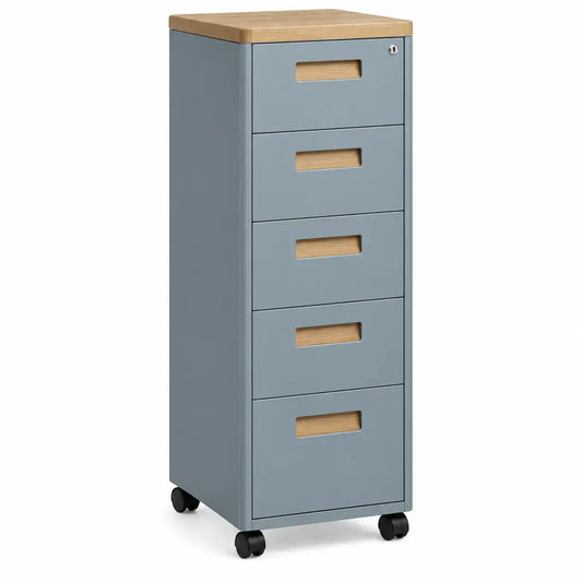 Blue and brown Friezeandframe dresser with multiple drawers, stylish storage furniture for bedroom or living space.